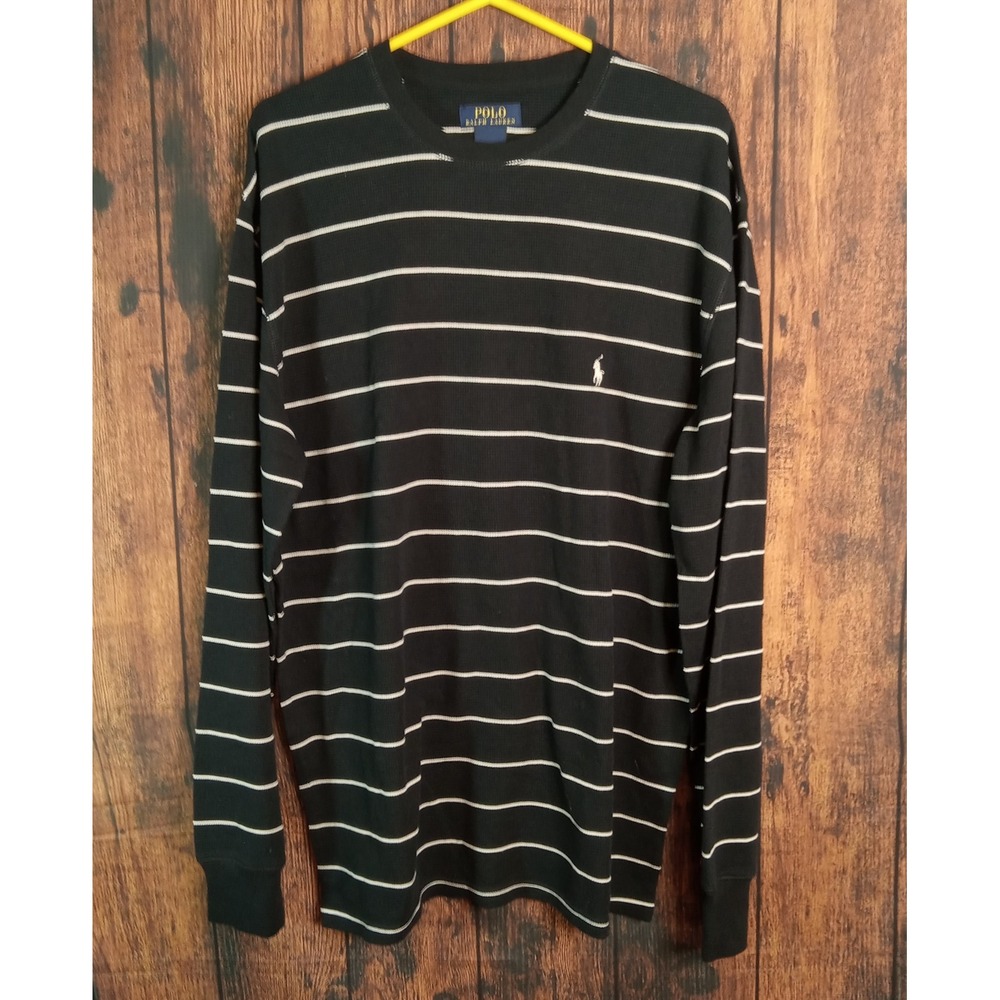 Polo Ralph Lauren Mens XL Black White Striped Waffle Knit Thermal Shirt L/S